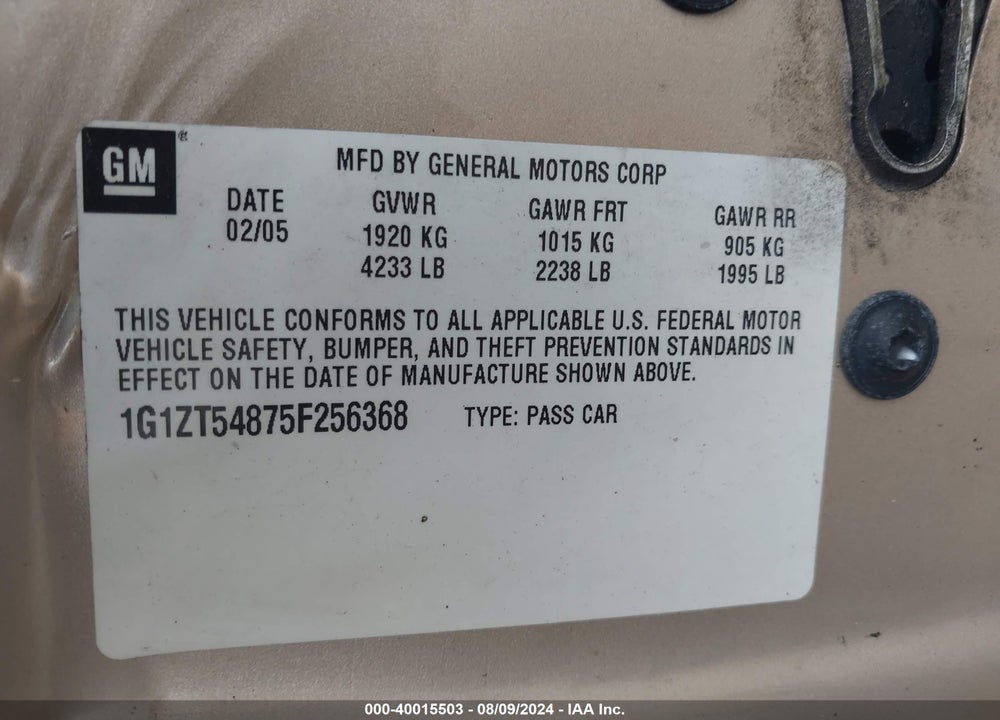 2005 CHEVROLET MALIBU LS VIN: 1G1ZT54875F256368