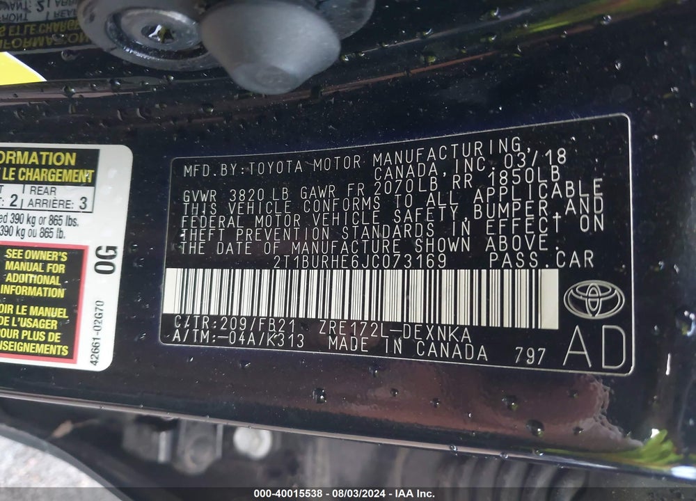 2018 TOYOTA COROLLA LE VIN: 2T1BURHE6JC073169