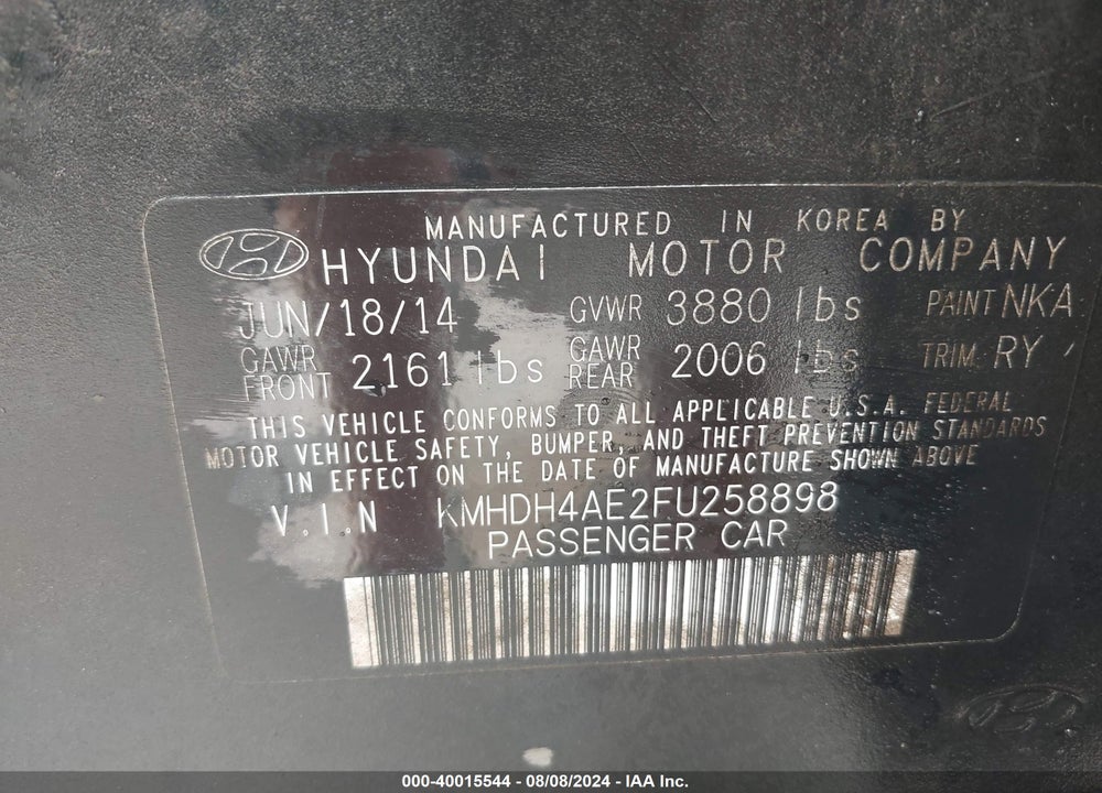 2015 HYUNDAI ELANTRA SE VIN: KMHDH4AE2FU258898
