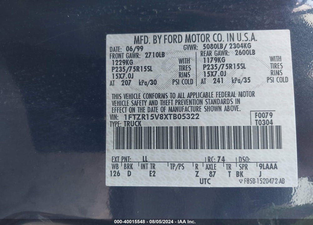 1999 FORD RANGER XL/XLT VIN: 1FTZR15V8XTB05322