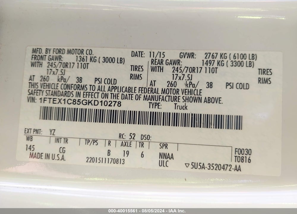 2016 FORD F-150 XL VIN: 1FTEX1C85GKD10278