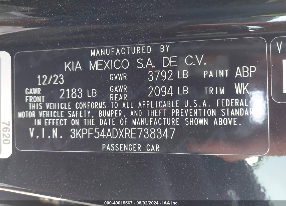 2024 KIA FORTE GT LINE VIN: 3KPF54ADXRE738347