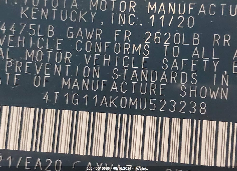 2021 TOYOTA CAMRY SE VIN: 4T1G11AK0MU523238