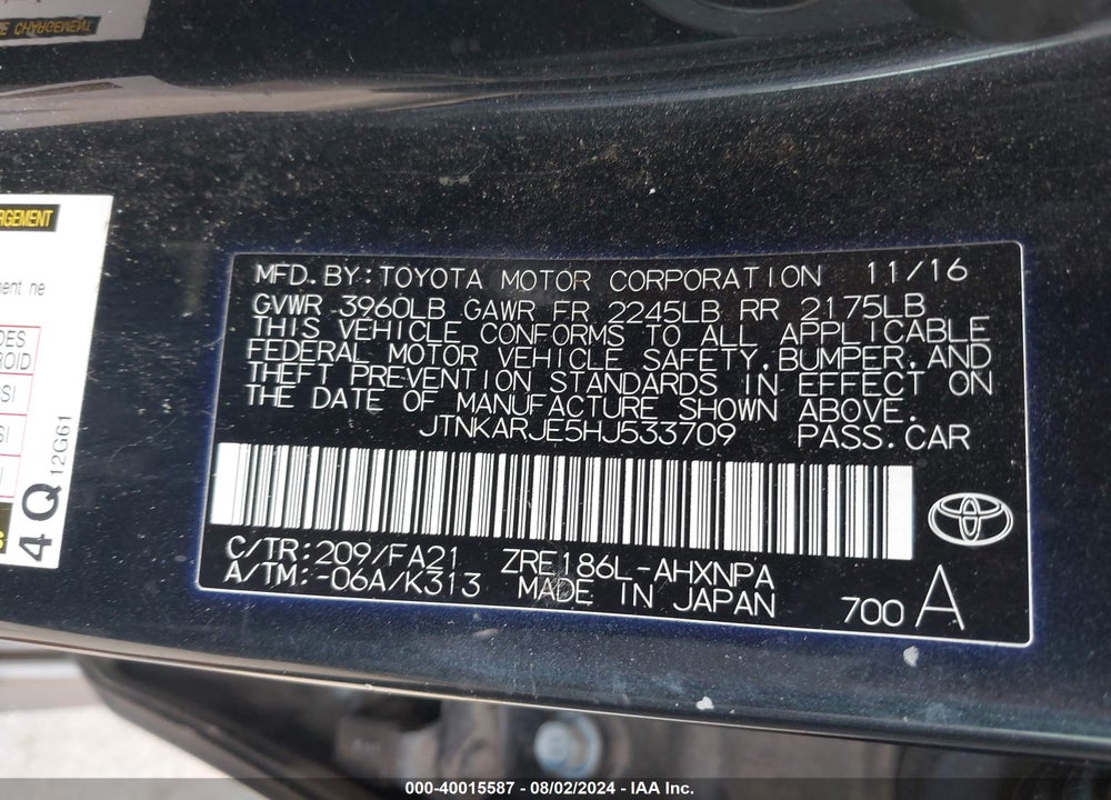 2017 TOYOTA COROLLA IM VIN: JTNKARJE5HJ533709