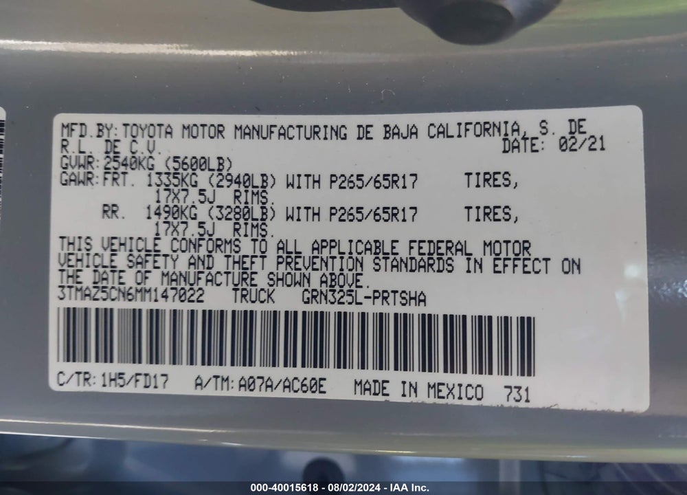 2021 TOYOTA TACOMA TRD SPORT VIN: 3TMAZ5CN6MM147022