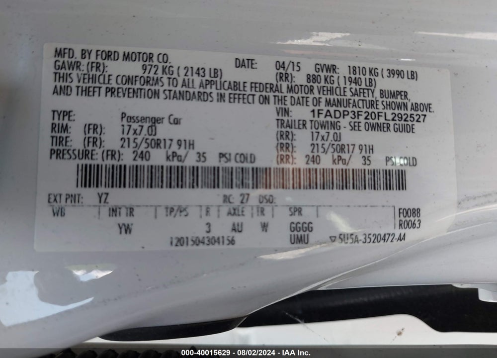 2015 FORD FOCUS SE VIN: 1FADP3F20FL292527