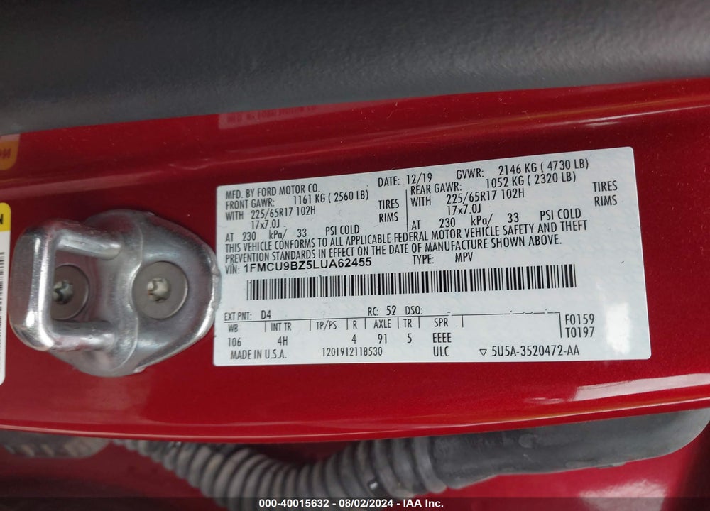 2020 FORD ESCAPE SE SPORT HYBRID VIN: 1FMCU9BZ5LUA62455