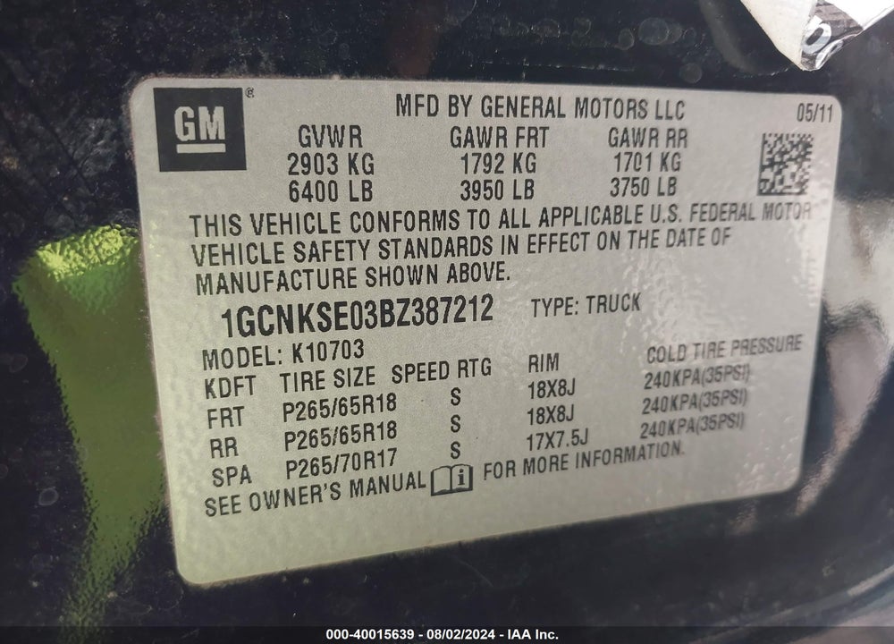 2011 CHEVROLET SILVERADO 1500 LT VIN: 1GCNKSE03BZ387212