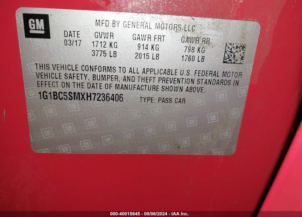 2017 CHEVROLET CRUZE LS AUTO VIN: 1G1BC5SMXH7236406