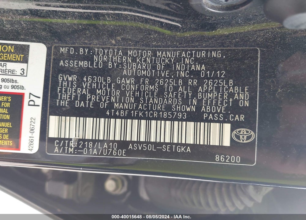 2012 TOYOTA CAMRY XLE VIN: 4T4BF1FK1CR185793