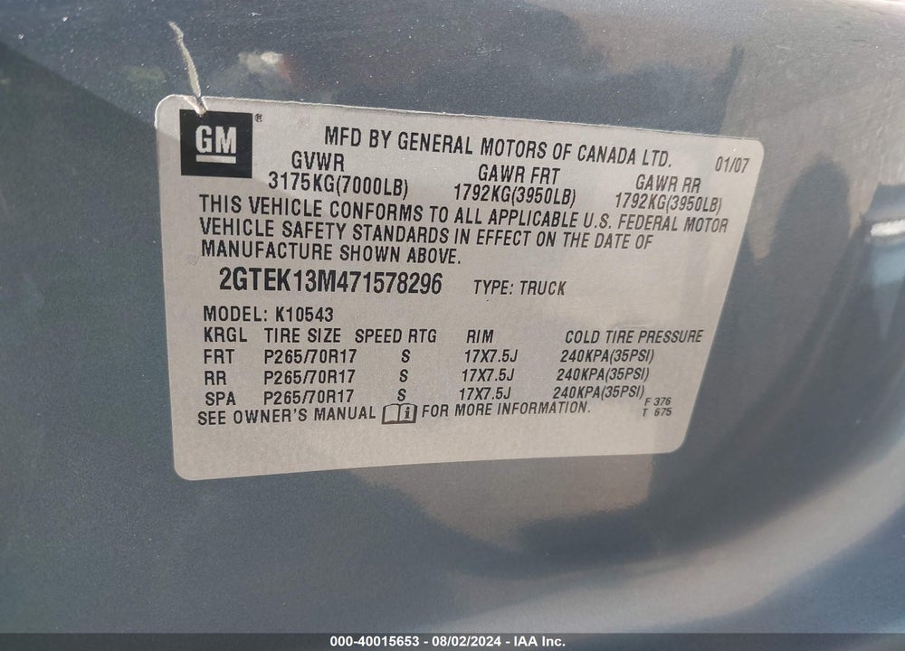 2007 GMC SIERRA 1500 SLE1 VIN: 2GTEK13M471578296