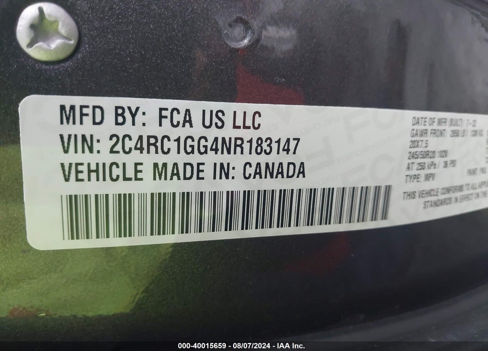 2022 CHRYSLER PACIFICA LIMITED VIN: 2C4RC1GG4NR183147