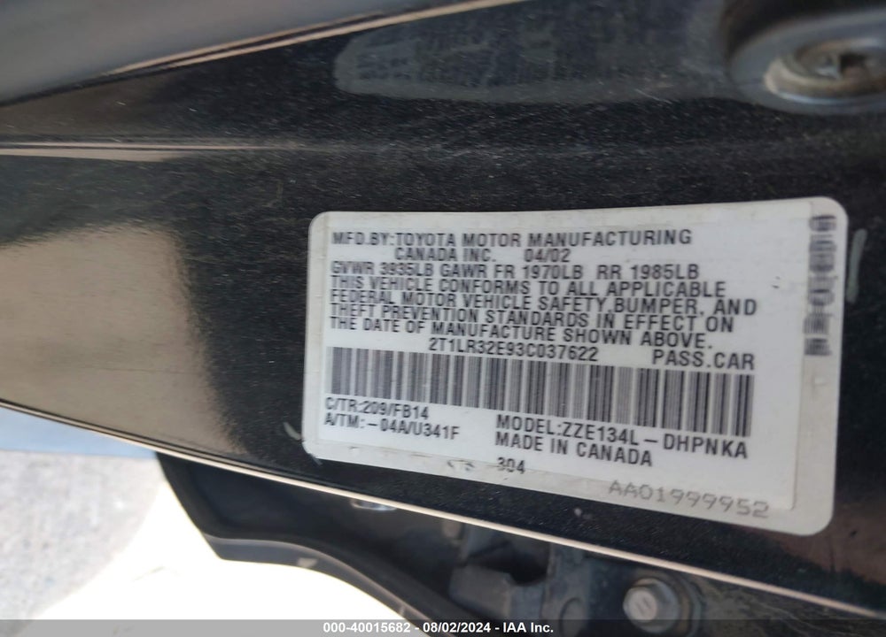 2003 TOYOTA MATRIX/XR VIN: 2T1LR32E93C037622