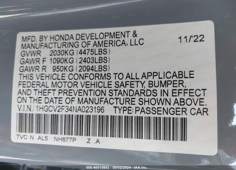 2022 HONDA ACCORD SPORT 2.0T VIN: 1HGCV2F34NA023196