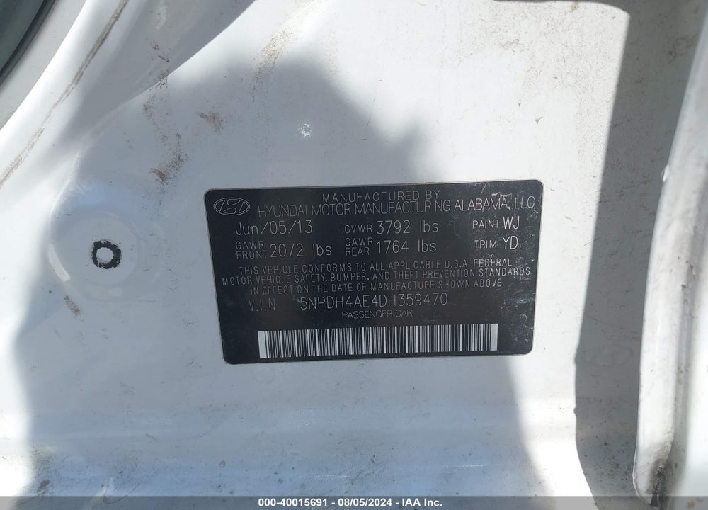 2013 HYUNDAI ELANTRA GLS VIN: 5NPDH4AE4DH359470