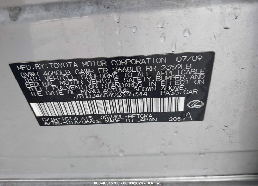2009 LEXUS ES 350 VIN: JTHBJ46G492335344