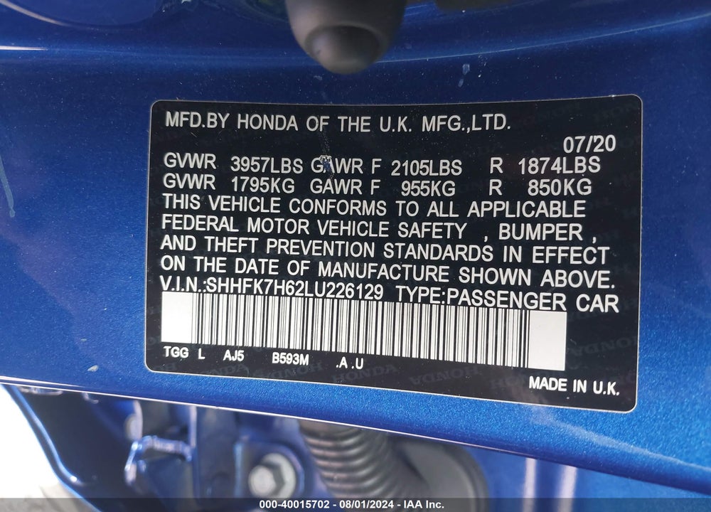 2020 HONDA CIVIC VIN: SHHFK7H62LU226129