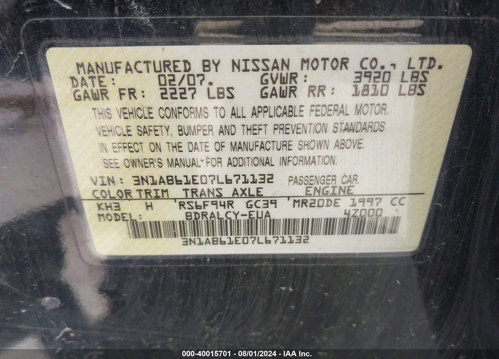 2007 NISSAN SENTRA 2.0 VIN: 3N1AB61E07L671132