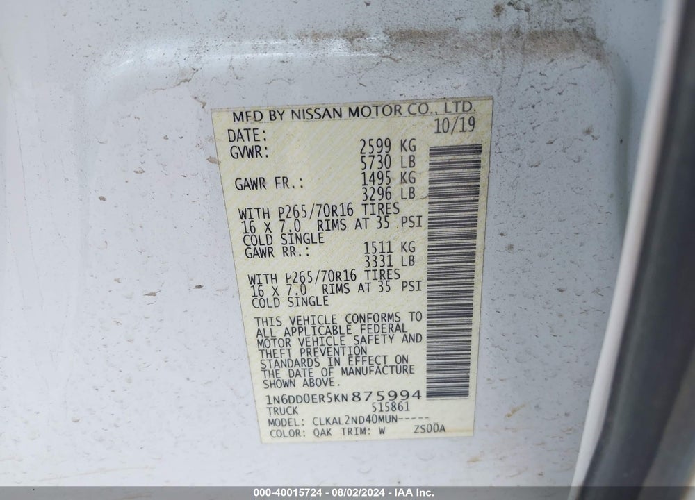2019 NISSAN FRONTIER VIN: 1N6DD0ER5KN875994