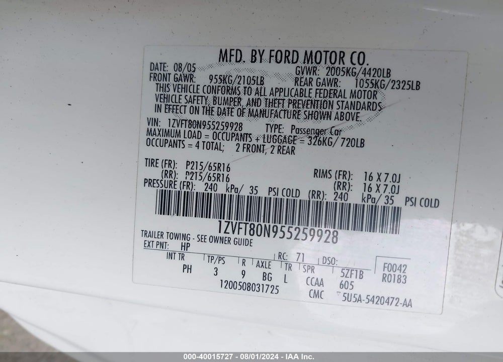 2005 FORD MUSTANG V6 DELUXE/V6 PREMIUM VIN: 1ZVFT80N955259928