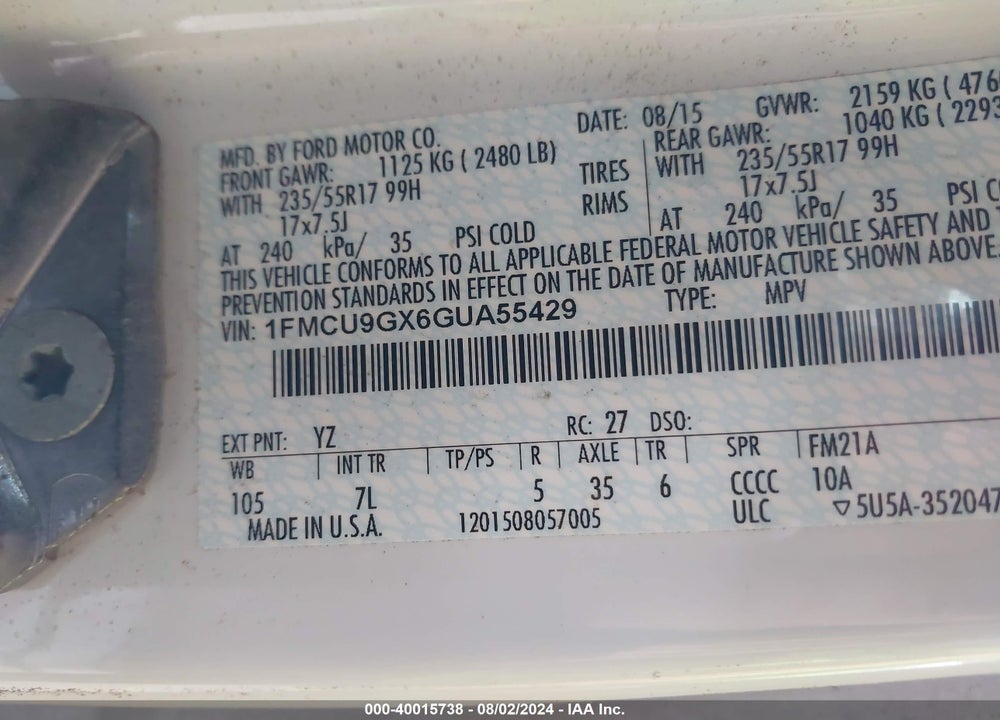 2016 FORD ESCAPE SE VIN: 1FMCU9GX6GUA55429