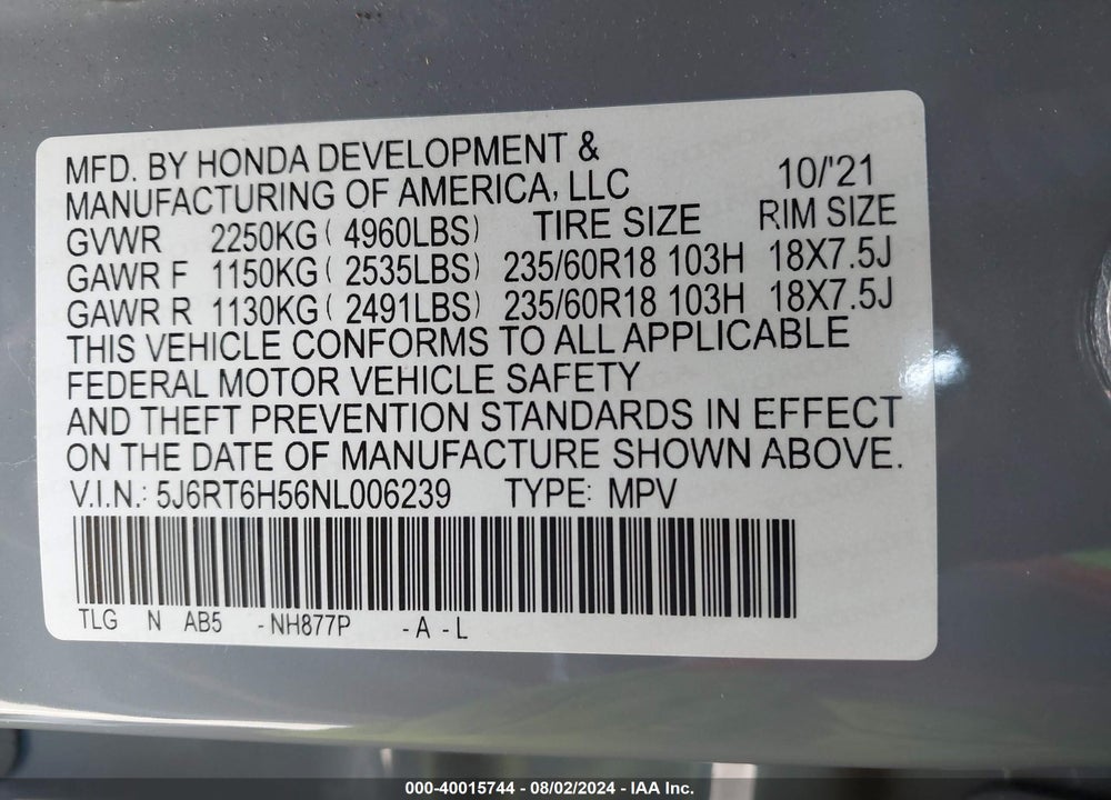 2022 HONDA CR-V HYBRID EX VIN: 5J6RT6H56NL006239