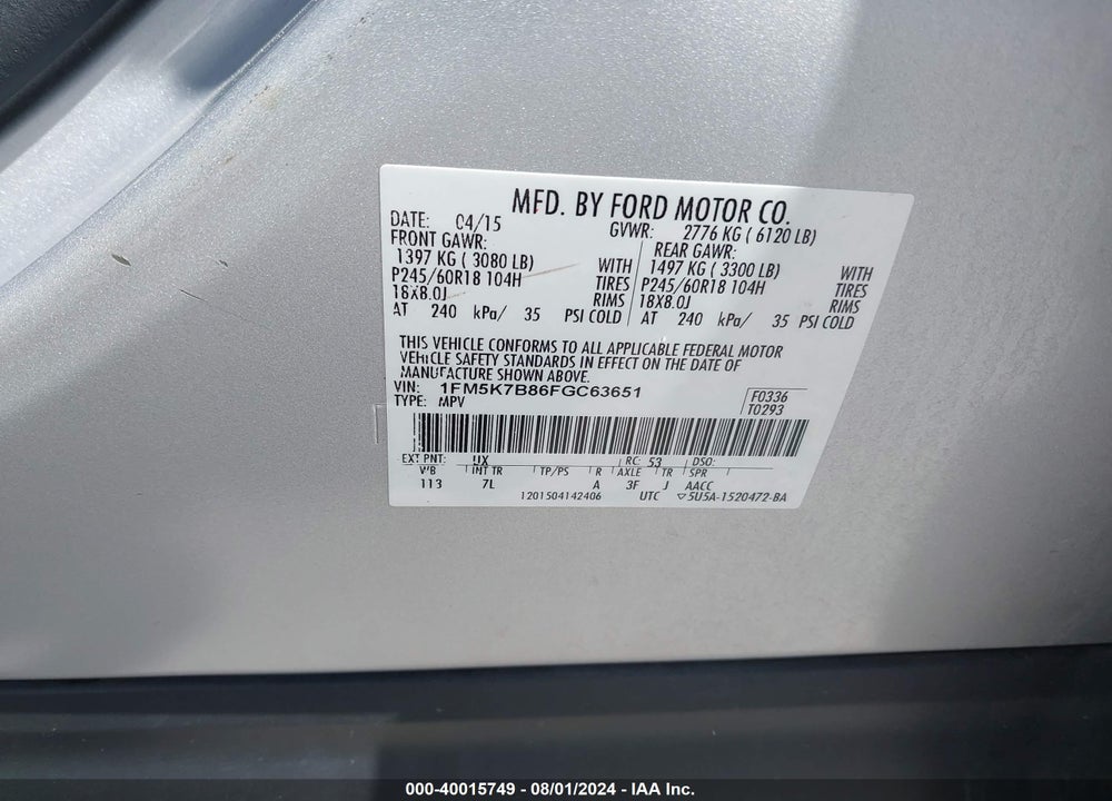 2015 FORD EXPLORER VIN: 1FM5K7B86FGC63651