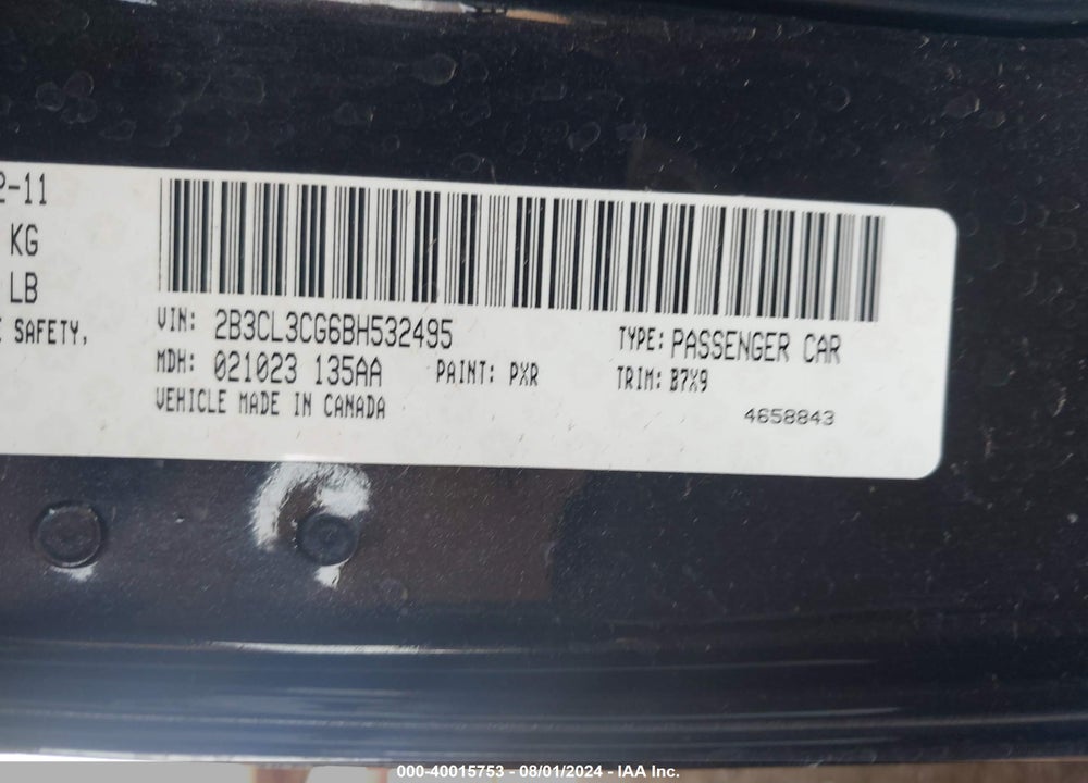 2011 DODGE CHARGER VIN: 2B3CL3CG6BH532495