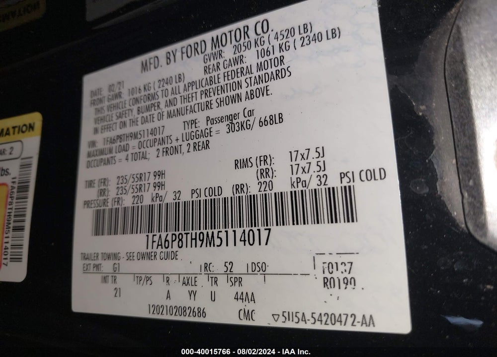 2021 FORD MUSTANG ECOBOOST FASTBACK VIN: 1FA6P8TH9M5114017