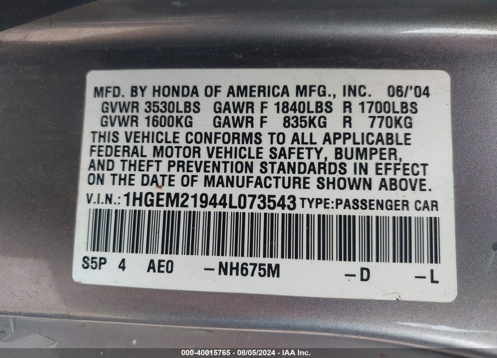 2004 HONDA CIVIC EX VIN: 1HGEM21944L073543