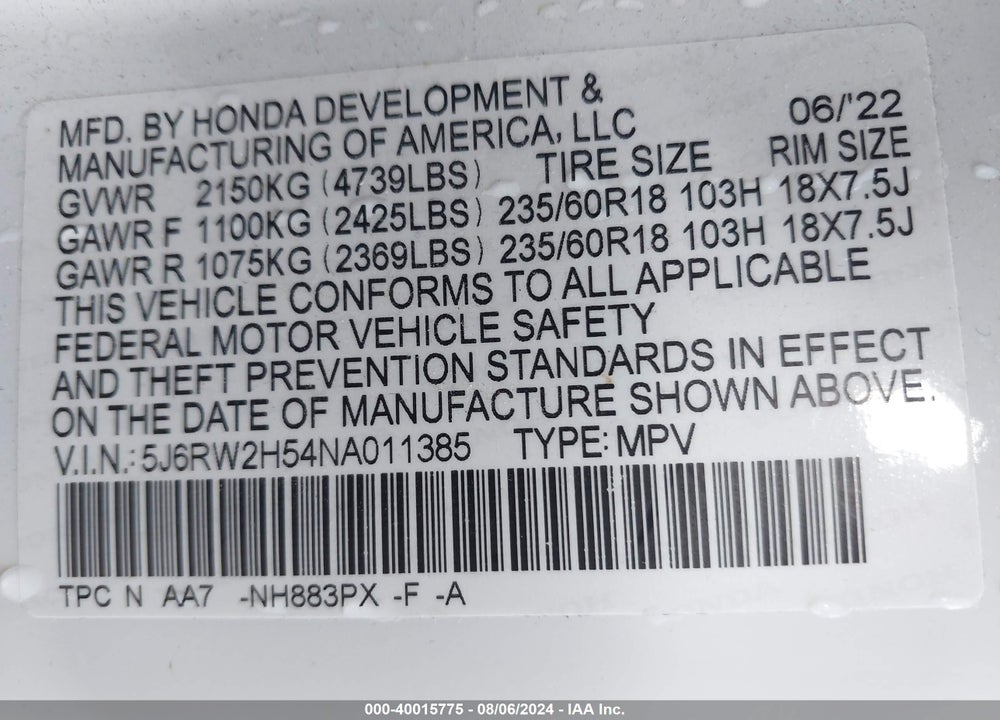 2022 HONDA CR-V AWD EX VIN: 5J6RW2H54NA011385