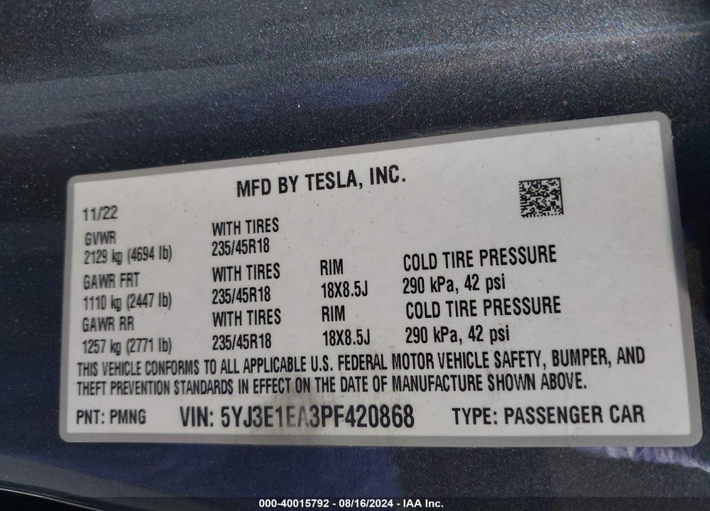 2023 TESLA MODEL 3 REAR-WHEEL DRIVE VIN: 5YJ3E1EA3PF420868