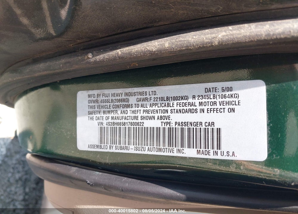 2001 SUBARU OUTBACK VIN: 4S3BH665817600622