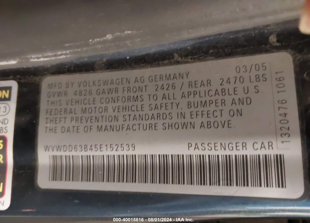 2005 VOLKSWAGEN PASSAT GLS VIN: WVWDD63B45E152539