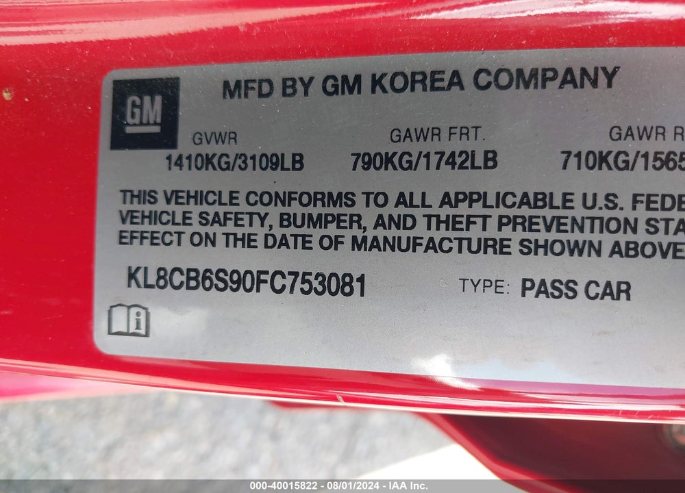 2015 CHEVROLET SPARK LS CVT VIN: KL8CB6S90FC753081