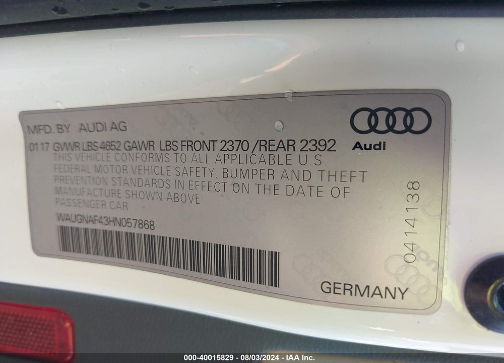 2017 AUDI A4 2.0T PREMIUM VIN: WAUGNAF43HN057868