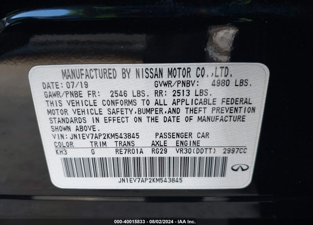 2019 INFINITI Q50 3.0T LUXE VIN: JN1EV7AP2KM543845