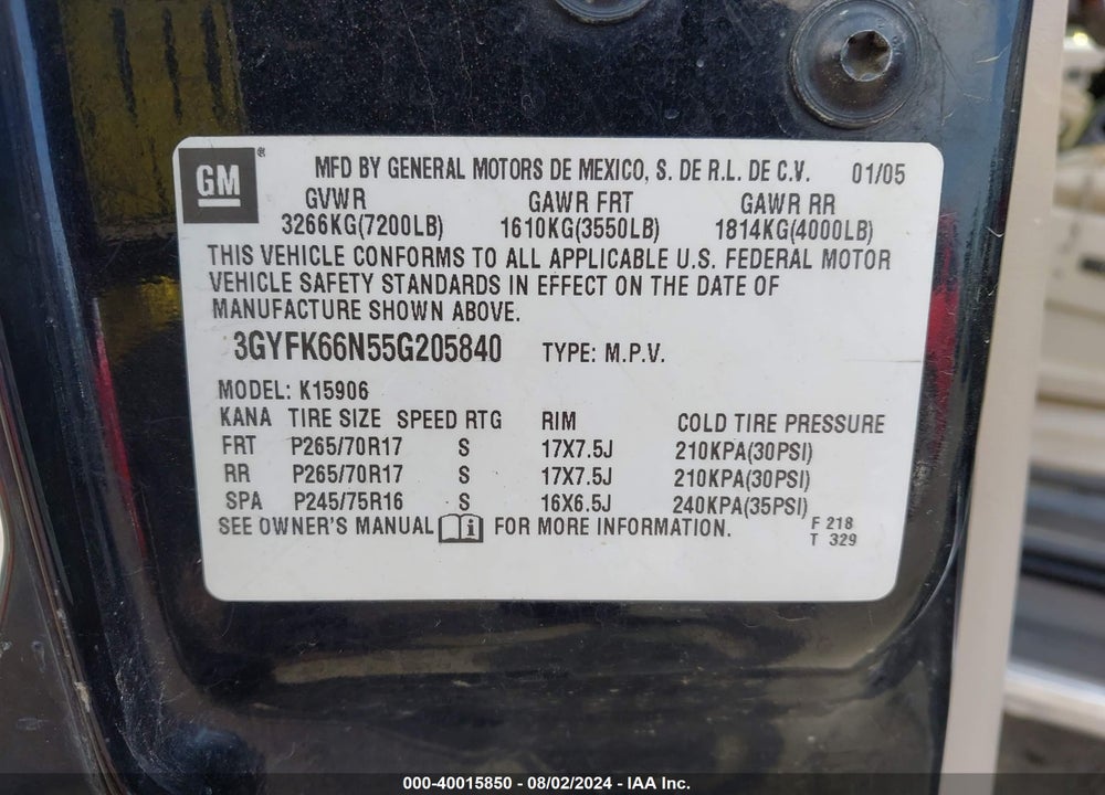 2005 CADILLAC ESCALADE ESV STANDARD VIN: 3GYFK66N55G205840