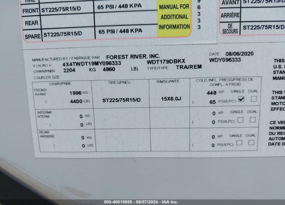 2021 FOREST RIVER WILDWOOD  RV VIN: 4X4TWDT19MY096333