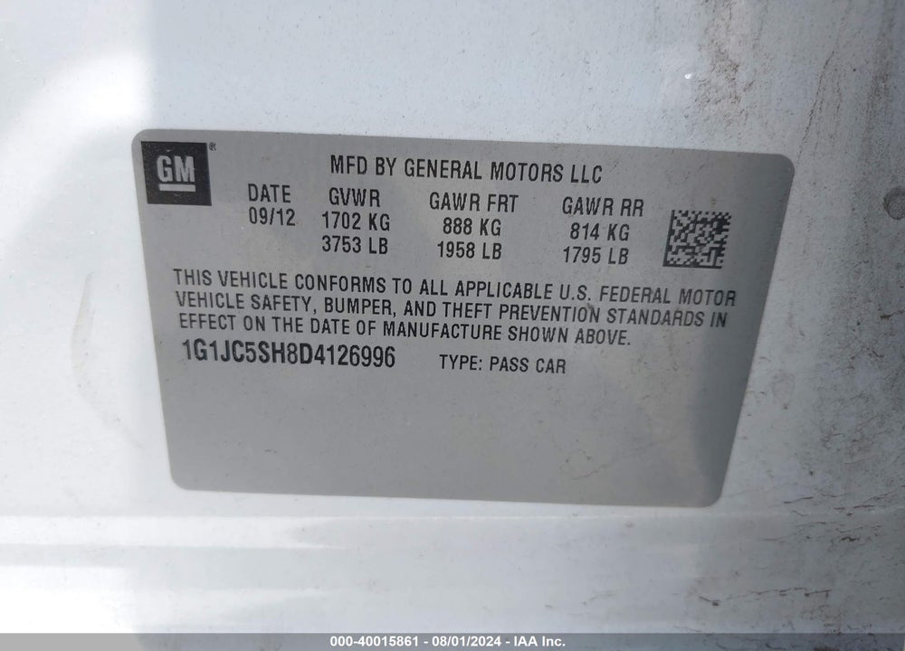 2013 CHEVROLET SONIC LT AUTO VIN: 1G1JC5SH8D4126996