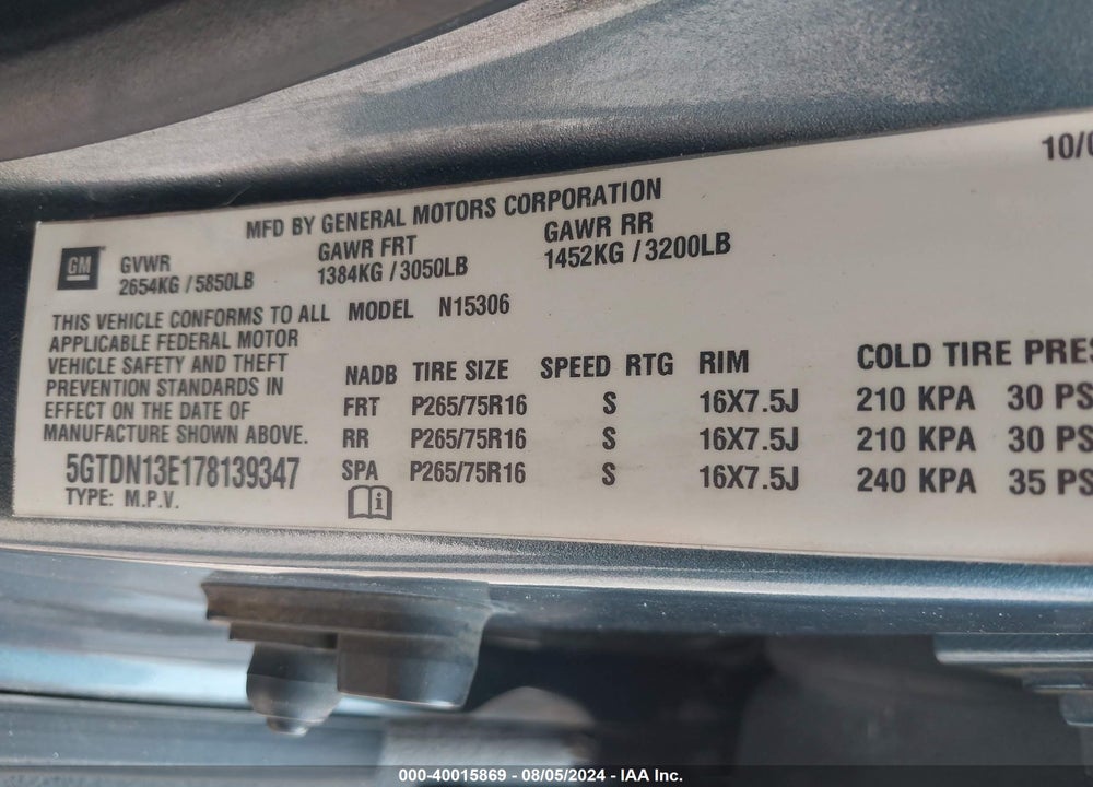 2007 HUMMER H3 SUV VIN: 5GTDN13E178139347