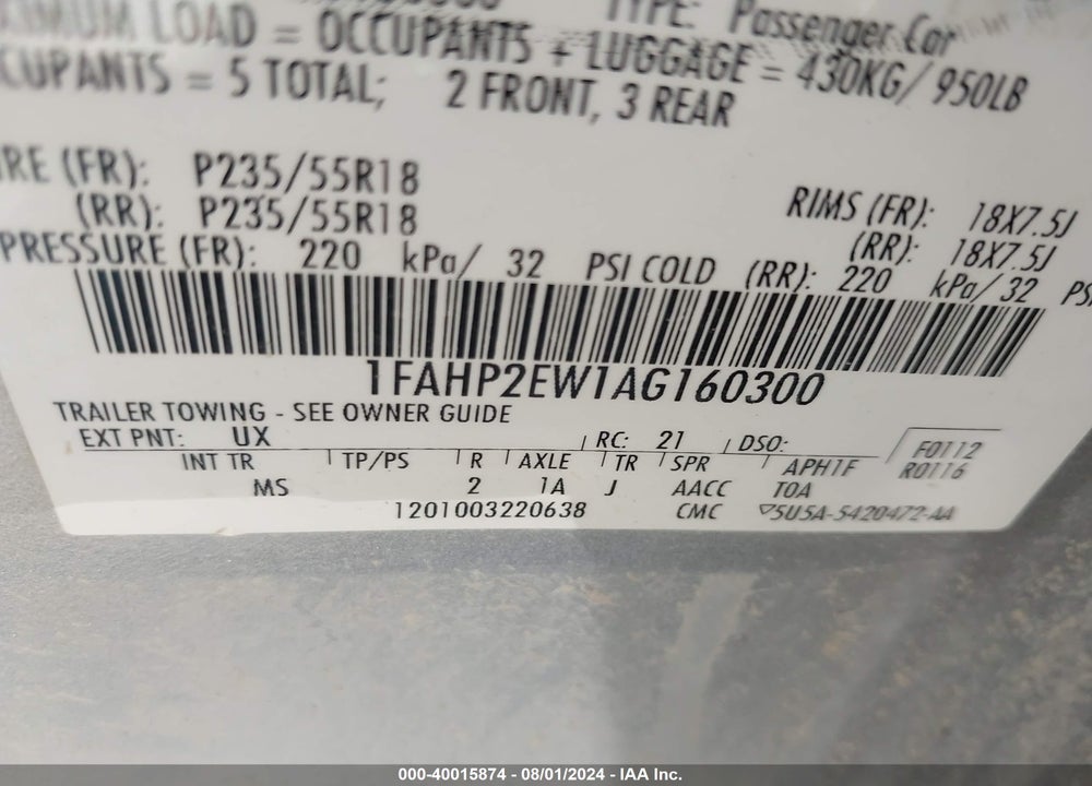 2010 FORD TAURUS SEL VIN: 1FAHP2EW1AG160300