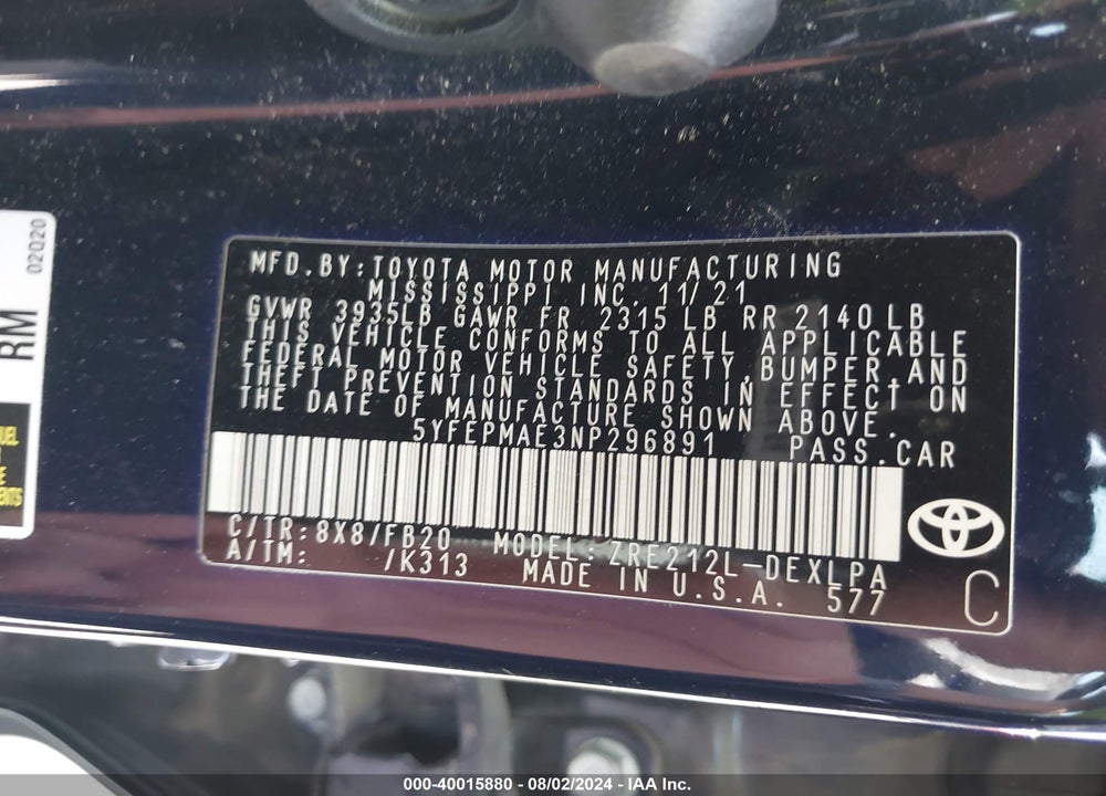 2022 TOYOTA COROLLA LE VIN: 5YFEPMAE3NP296891