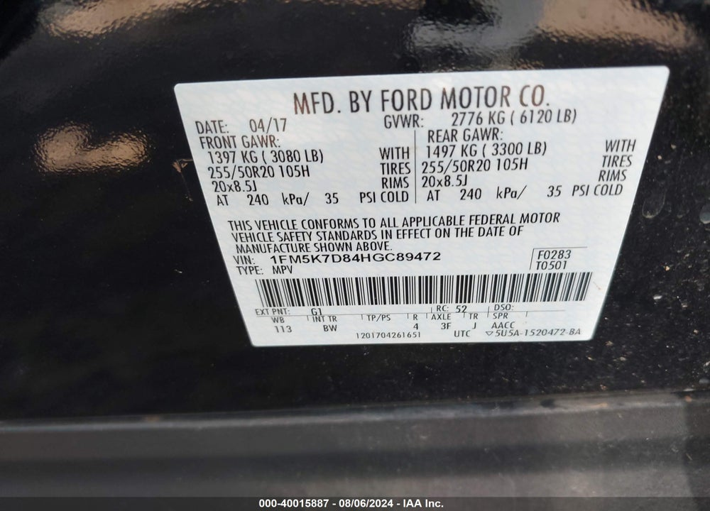 2017 FORD EXPLORER XLT VIN: 1FM5K7D84HGC89472
