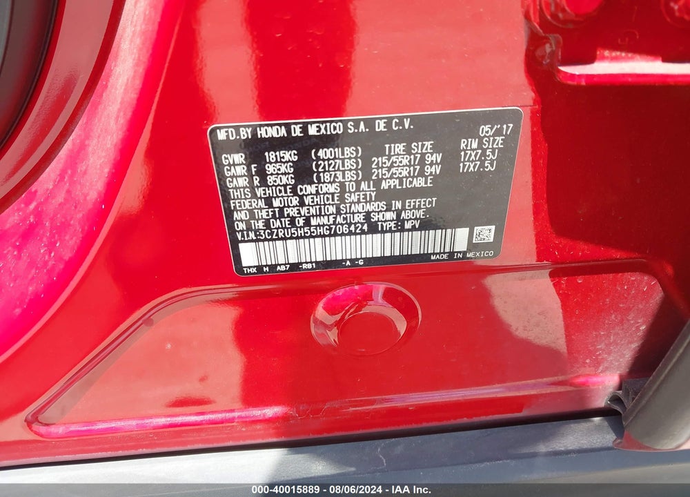2017 HONDA HR-V EX VIN: 3CZRU5H55HG706424