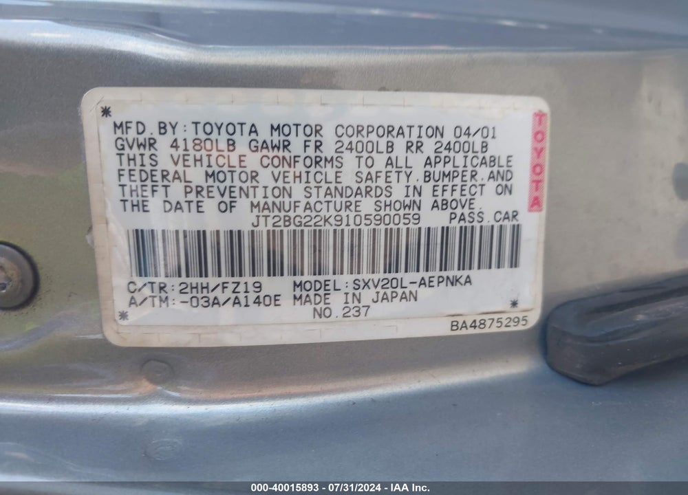 2001 TOYOTA CAMRY CE/LE/XLE VIN: JT2BG22K910590059