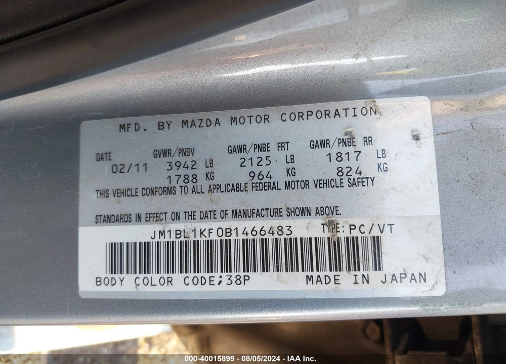 2011 MAZDA 3 VIN: JM1BL1KF0B1466483