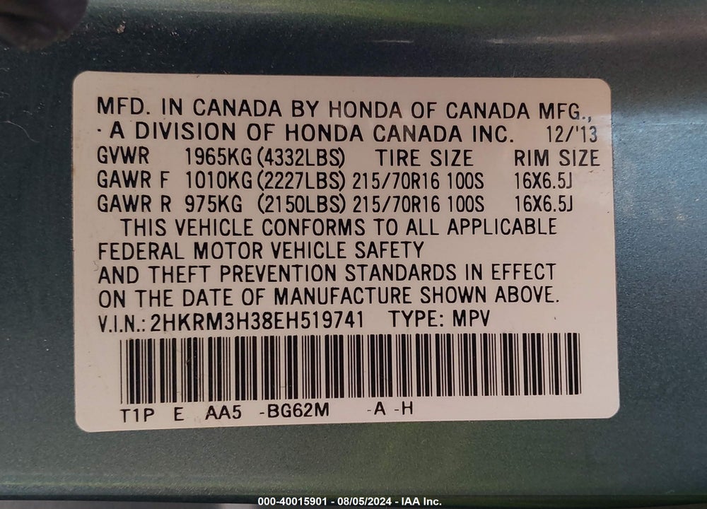 2014 HONDA CR-V LX VIN: 2HKRM3H38EH519741