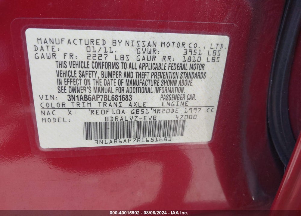2011 NISSAN SENTRA 2.0SL VIN: 3N1AB6AP7BL681683