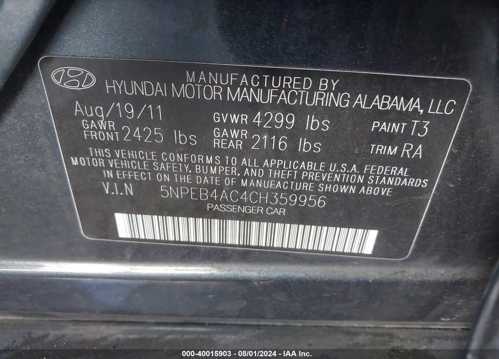 2012 HYUNDAI SONATA GLS VIN: 5NPEB4AC4CH359956